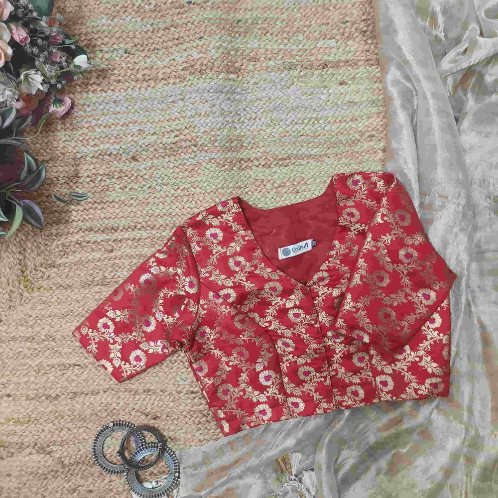 Red Jaal Banarasi Brocade Readymade Blouse | Godhuli
