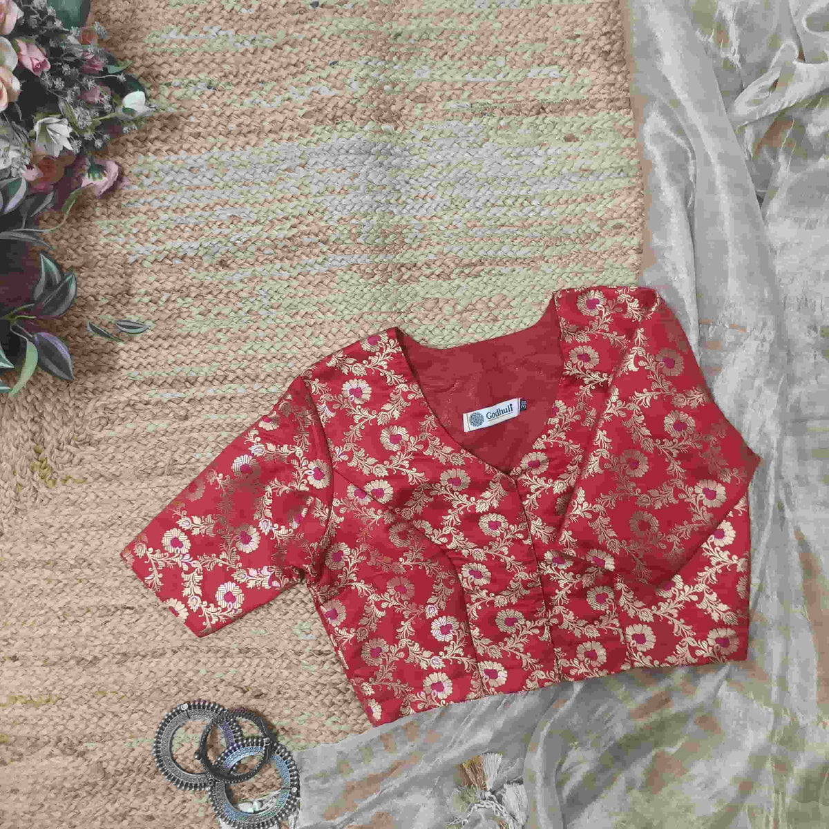 Red Jaal Banarasi Brocade Readymade Blouse