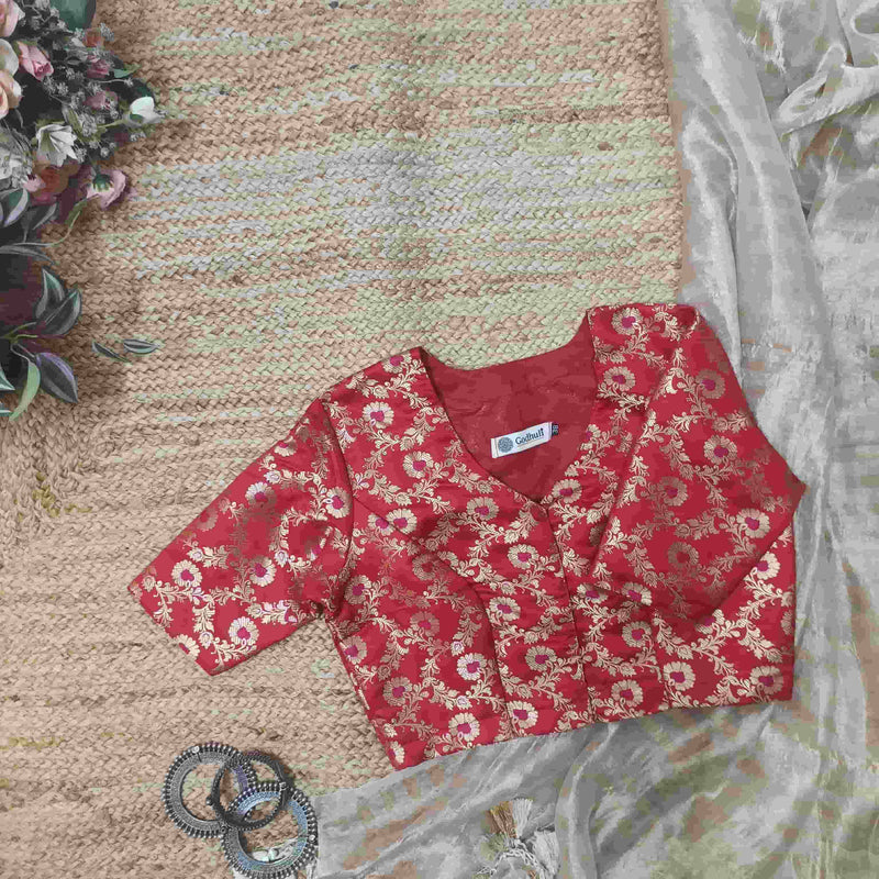 Red Jaal Banarasi Brocade Readymade Blouse | Godhuli