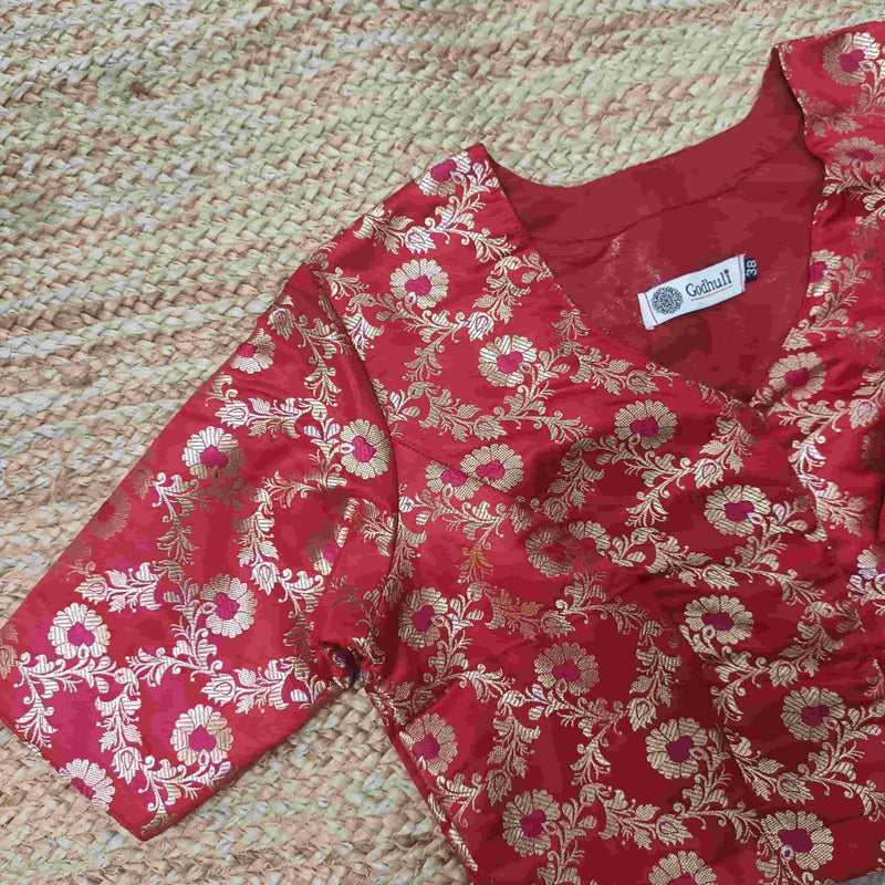 Red Jaal Banarasi Brocade Readymade Blouse | Godhuli