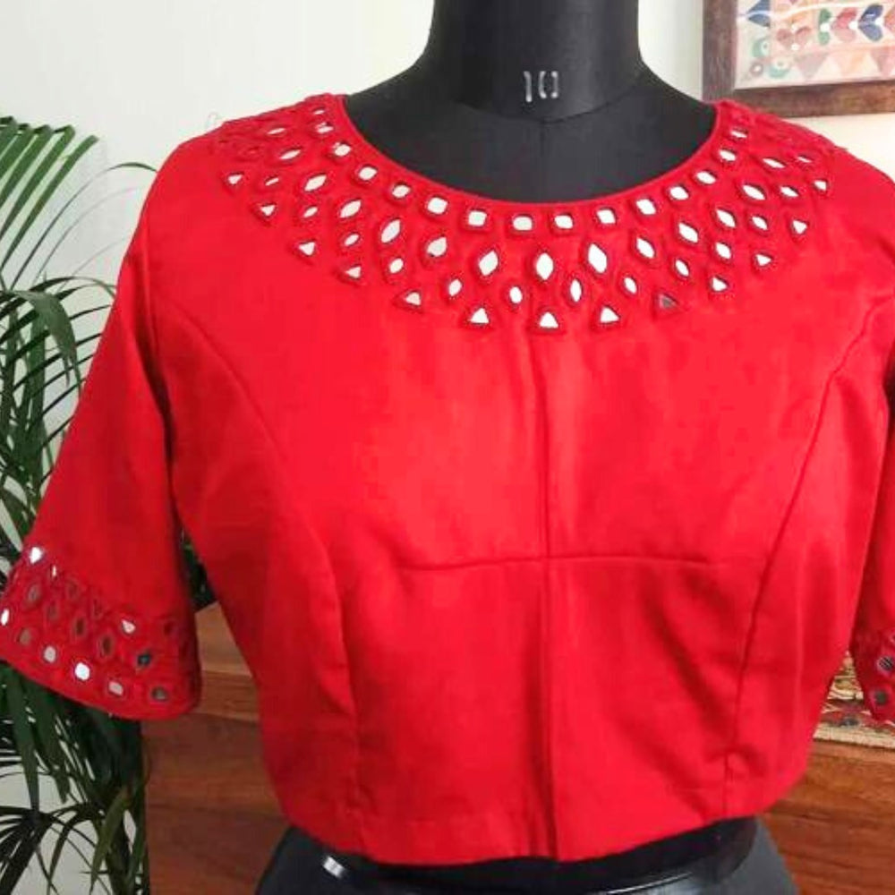 Red Mirrorwork Readymade Blouse | Godhuli