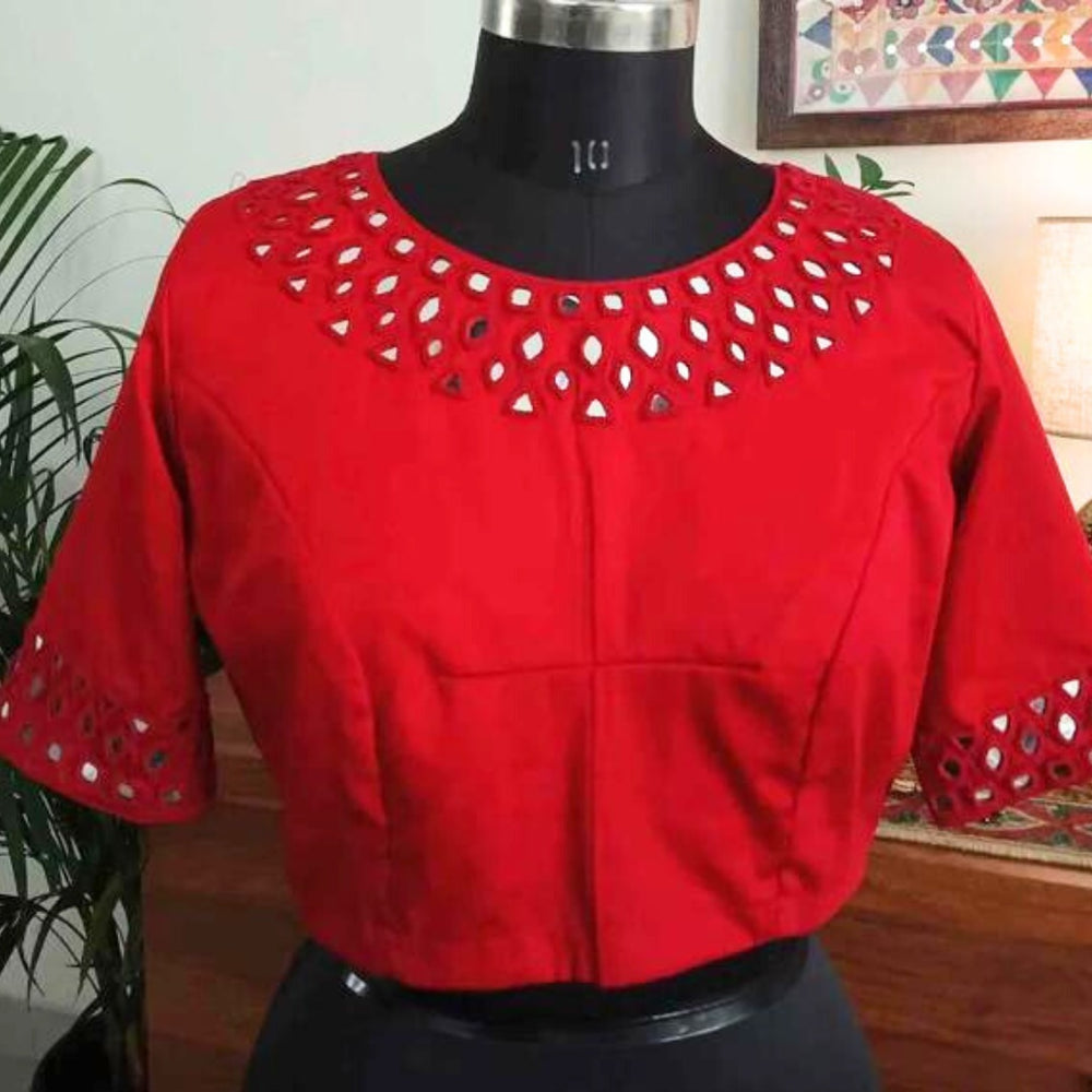 Red Mirrorwork Readymade Blouse | Godhuli