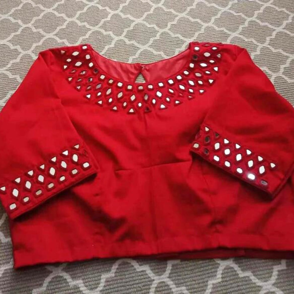 Red Mirrorwork Readymade Blouse | Godhuli