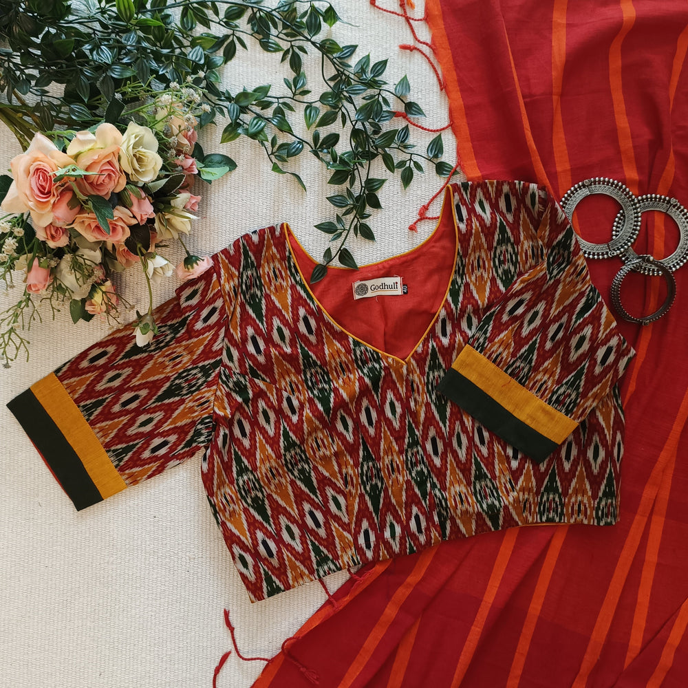 Buy Red Mustard Green Ikat Print Flax Cotton Blouse | Godhuli