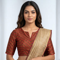 Red Orange Yellow Stripes Multicoloured Gaji Silk Readymade Blouse | Godhuli