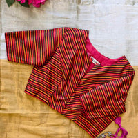 Red Orange Yellow Stripes Multicoloured Gaji Silk Readymade Blouse | Godhuli