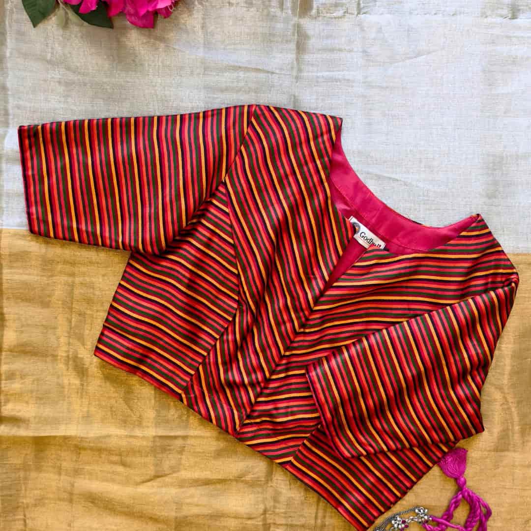 Red Orange Yellow Stripes Multicoloured Gaji Silk Readymade Blouse | Godhuli 