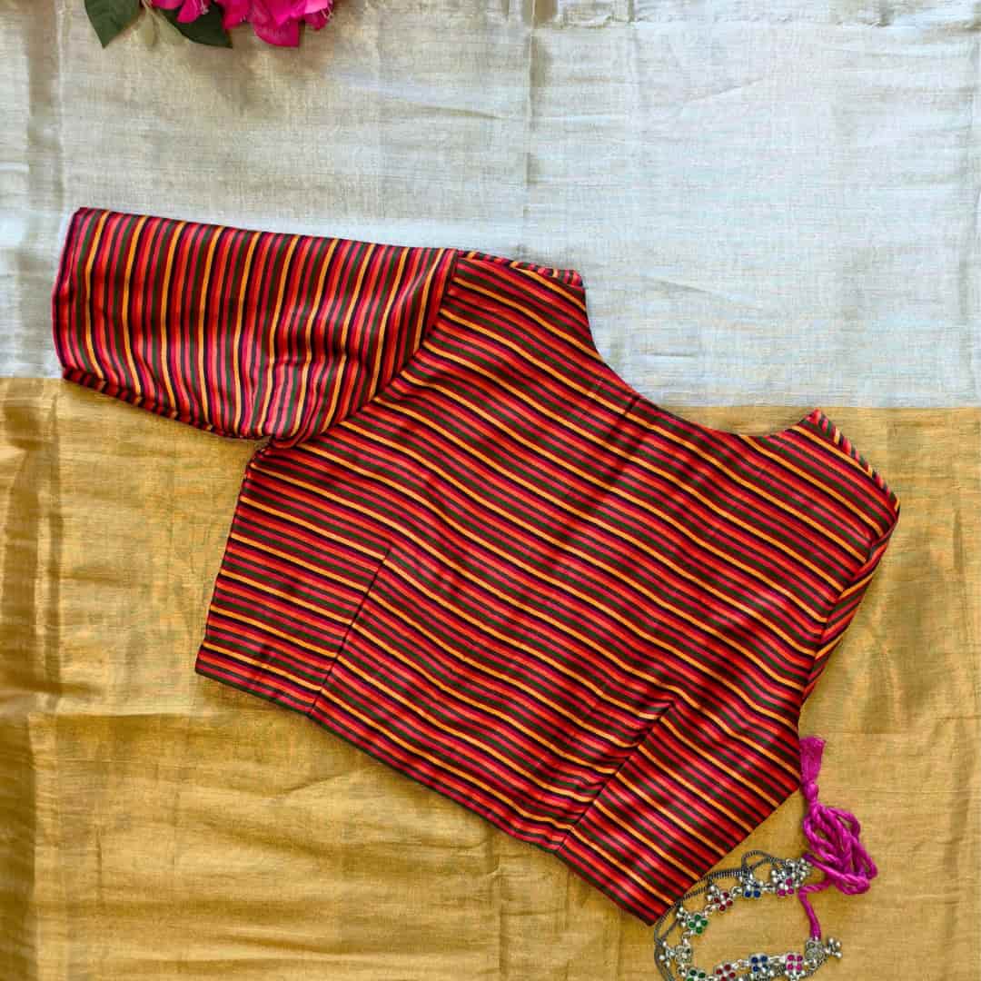 Red Orange Yellow Stripes Multicoloured Gaji Silk Readymade Blouse | Godhuli 