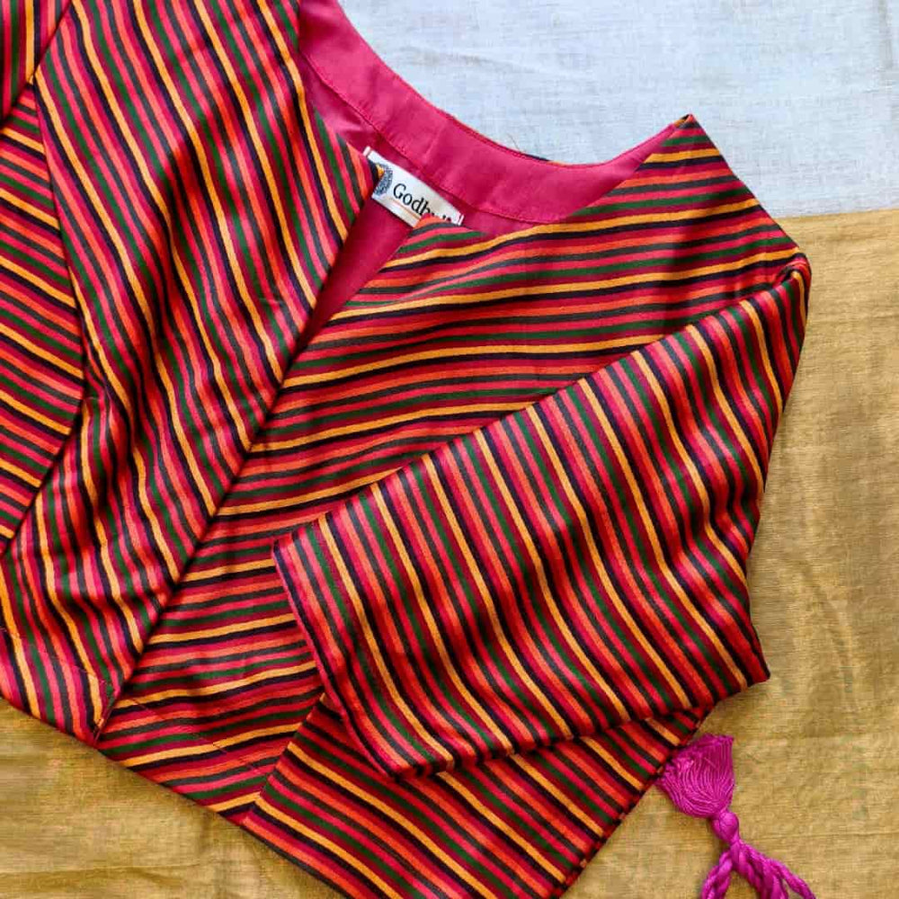 Red Orange Yellow Stripes Multicoloured Gaji Silk Readymade Blouse | Godhuli
