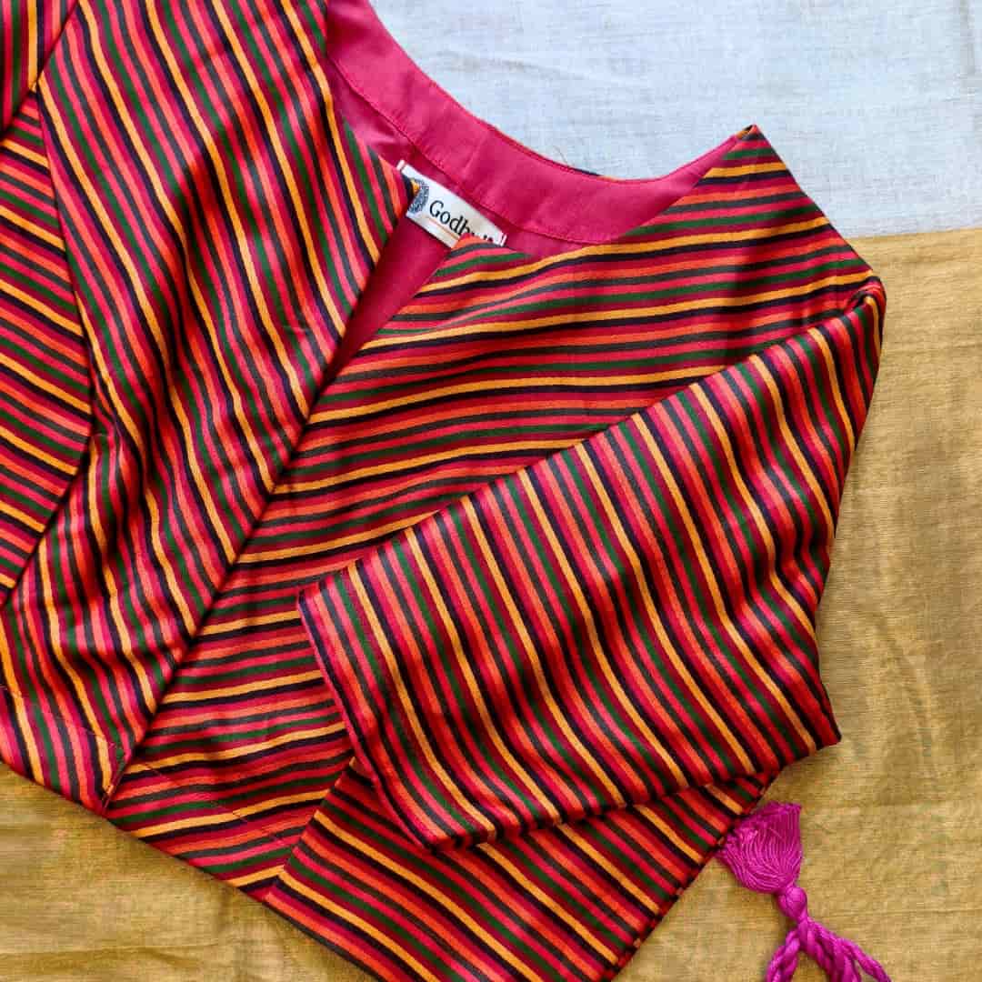 Red Orange Yellow Stripes Multicoloured Gaji Silk Readymade Blouse | Godhuli 