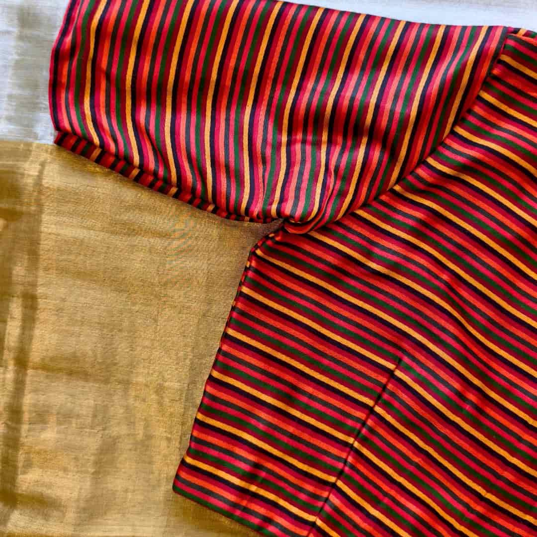 Red Orange Yellow Stripes Multicoloured Gaji Silk Readymade Blouse | Godhuli 