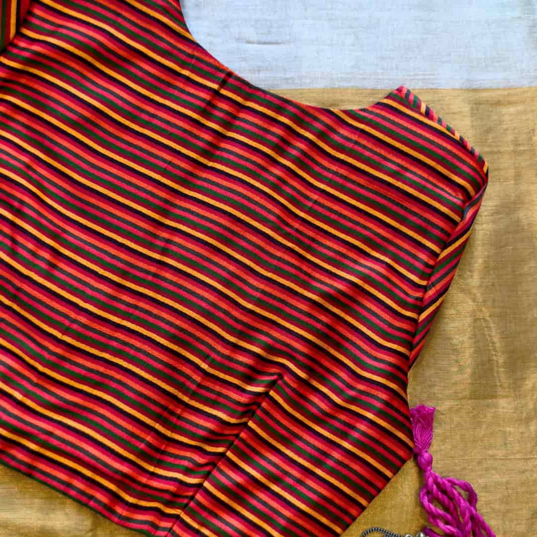 Red Orange Yellow Stripes Multicoloured Gaji Silk Readymade Blouse | Godhuli 