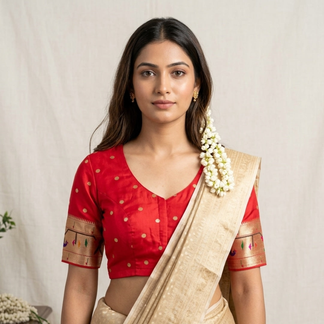 Red Paithani Parrot Peacock Border Sleeves Readymade Blouse