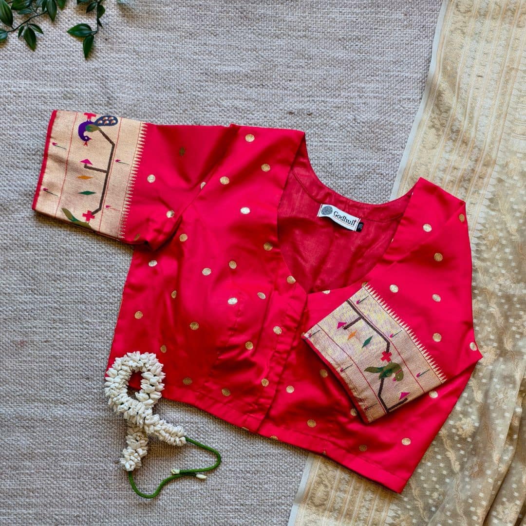 Red Paithani Parrot Peacock Border Sleeves Readymade Blouse