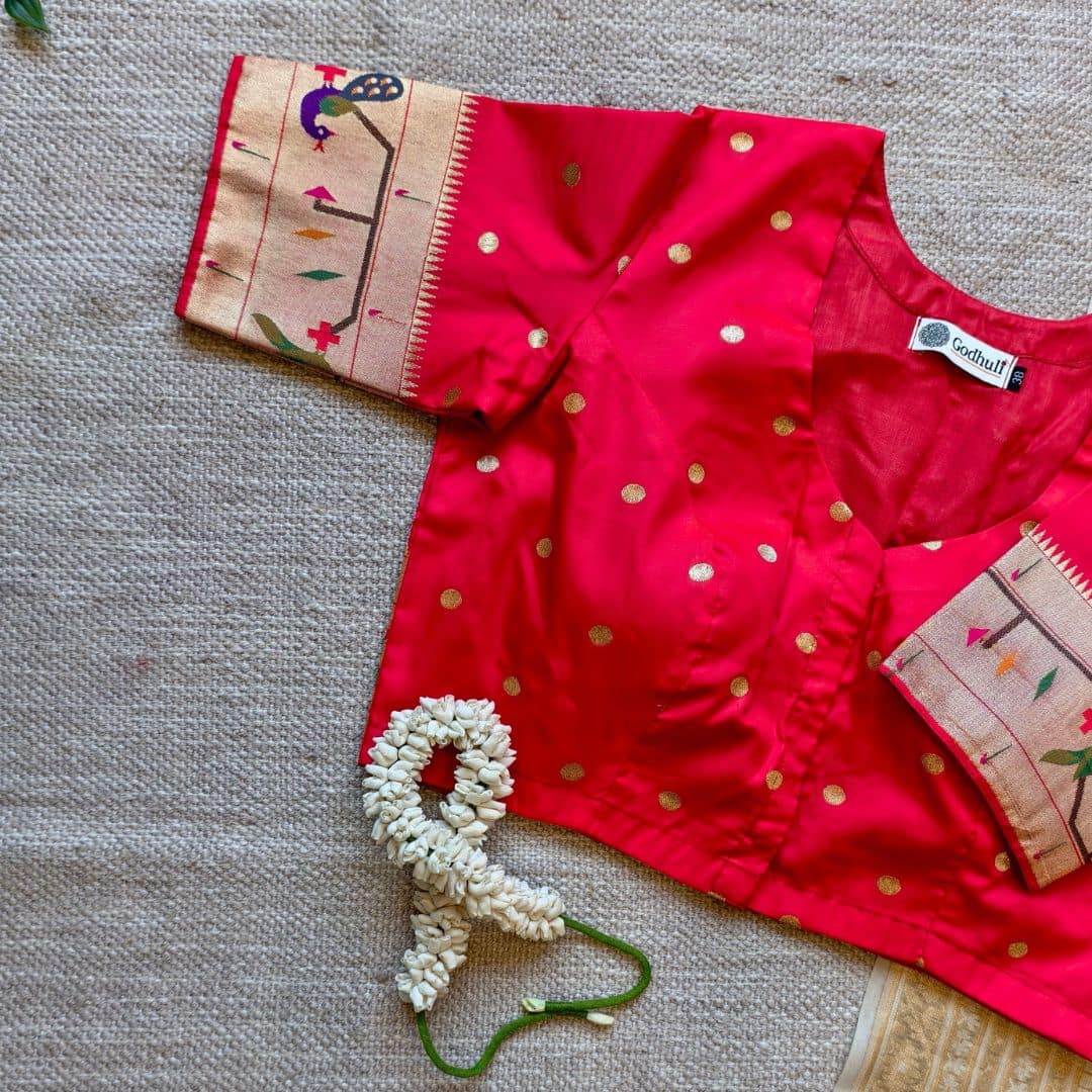 Red Paithani Parrot Peacock Border Sleeves Readymade Blouse