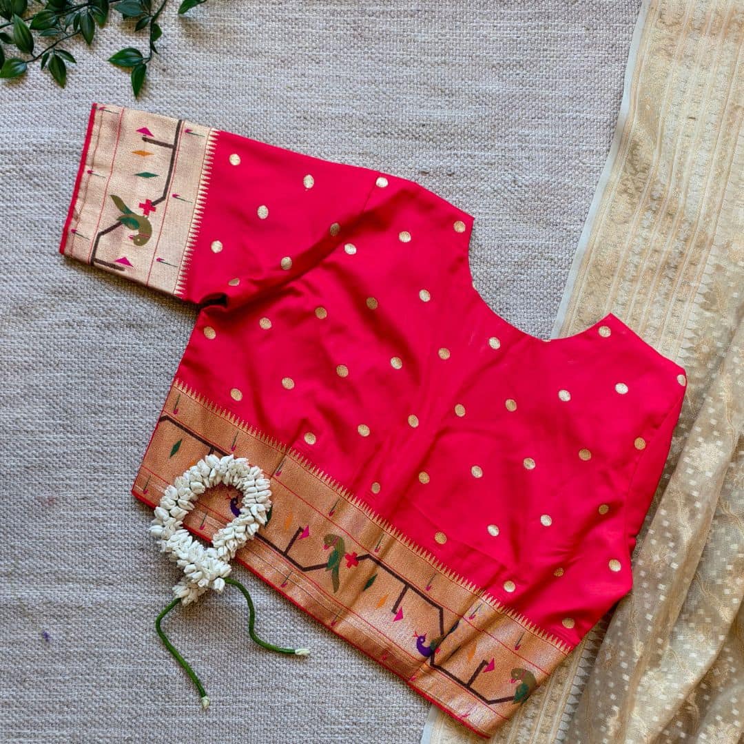 Red Paithani Parrot Peacock Border Sleeves Readymade Blouse