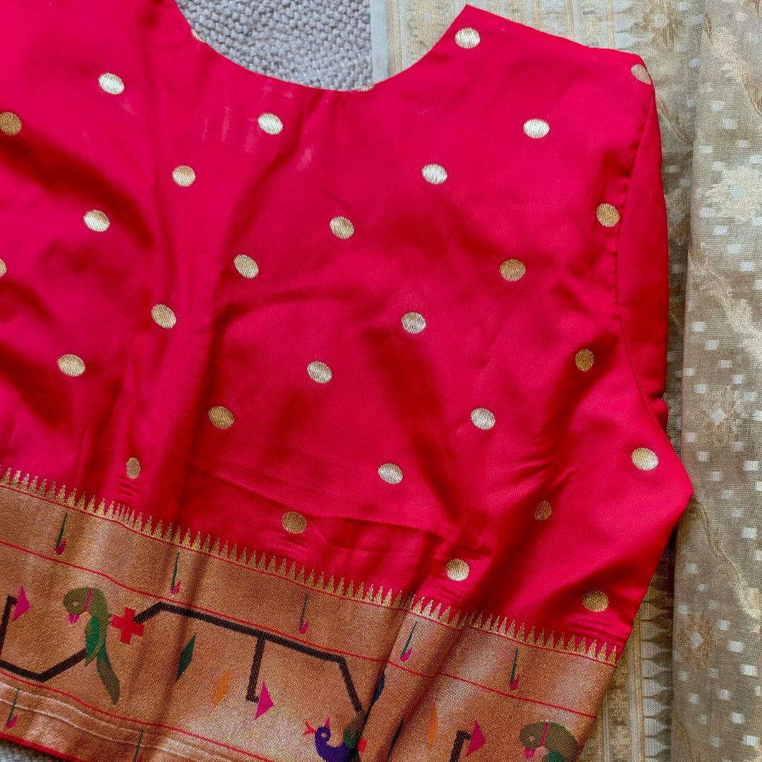 Red Paithani Parrot Peacock Border Sleeves Readymade Blouse