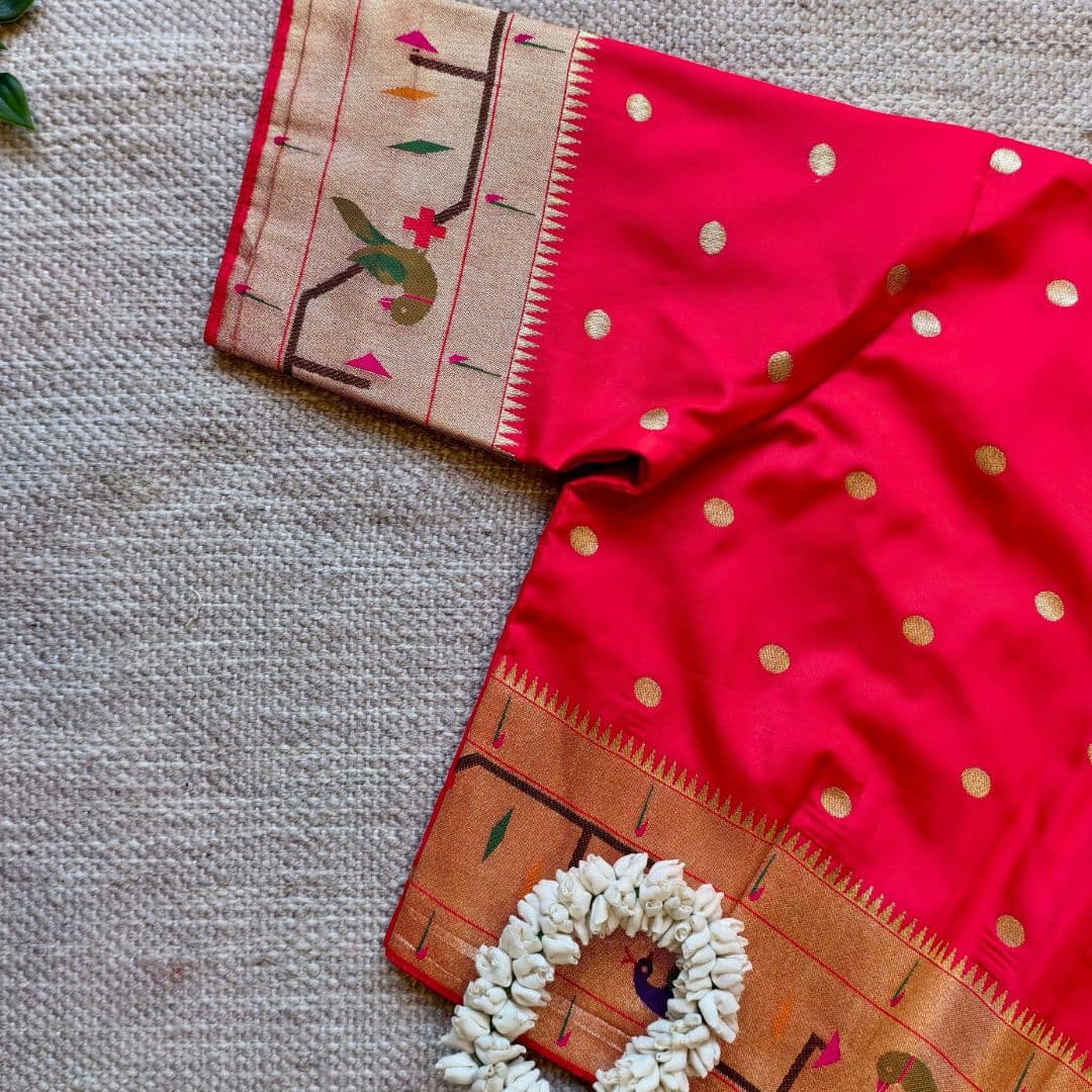 Red Paithani Parrot Peacock Border Sleeves Readymade Blouse