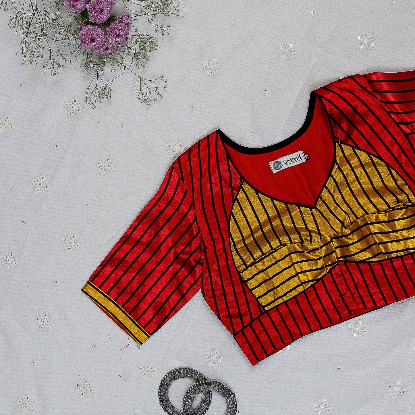 Red Yellow Gaji Silk Choli Pattern Blouse