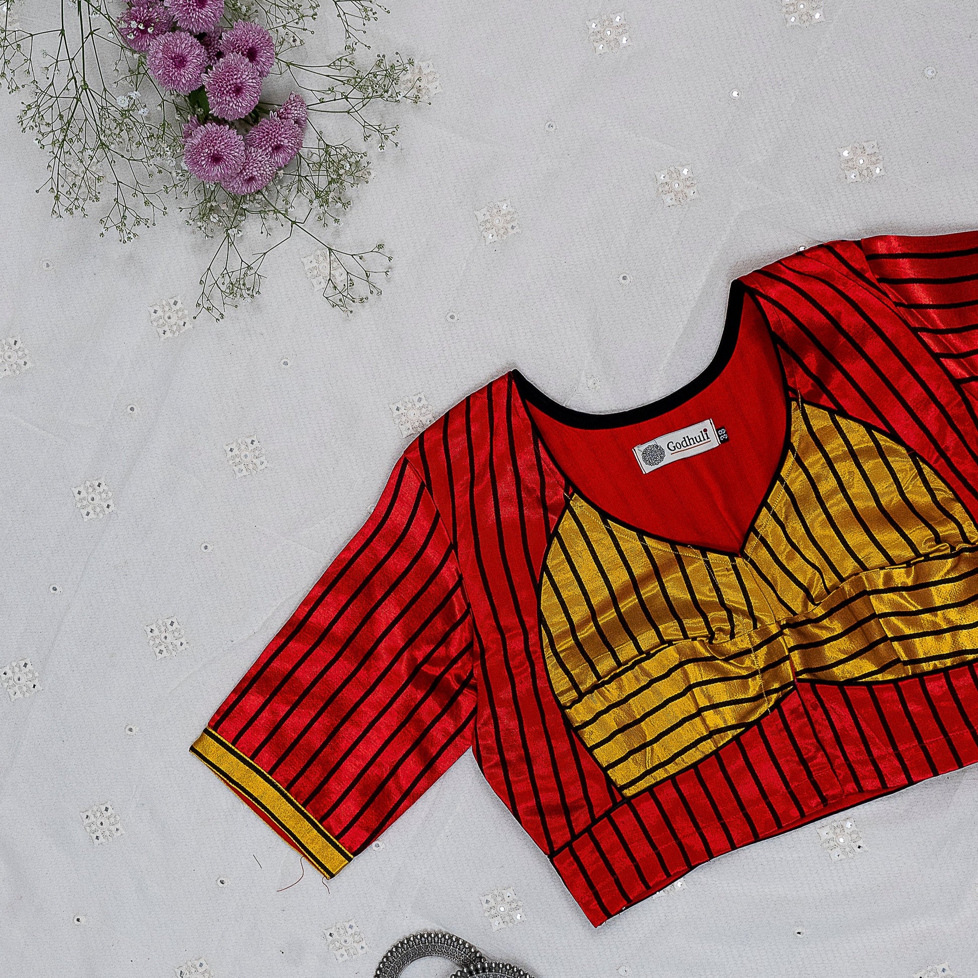 Red Yellow Gaji Silk Choli Pattern Blouse