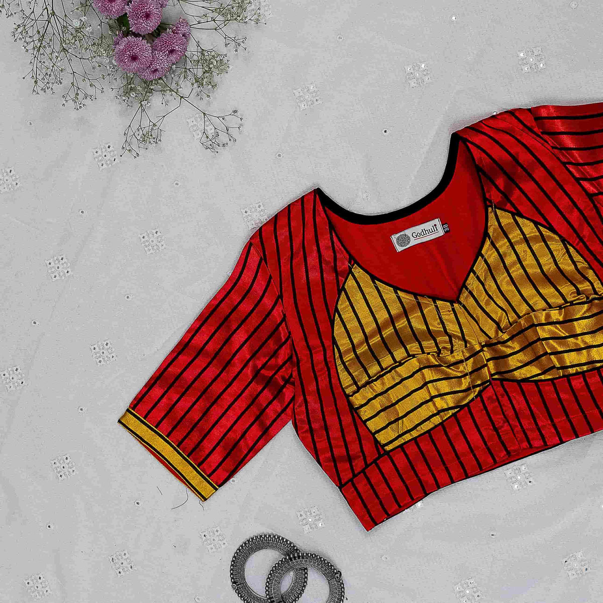 Red Yellow Gaji Silk Choli Pattern Readymade Blouse