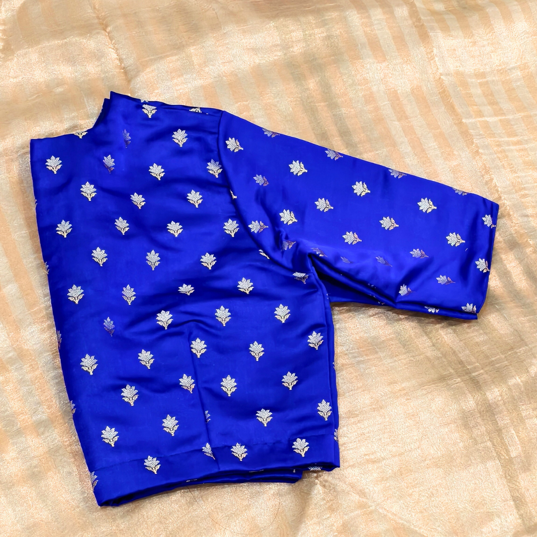 Royal Blue Zari Floral Motif Satin Silk Brocade Blouse