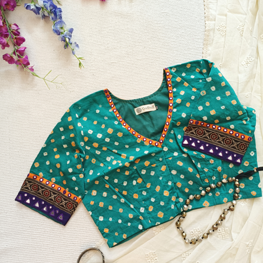 Sea Green Bandhani Blouse with Mirror Work
