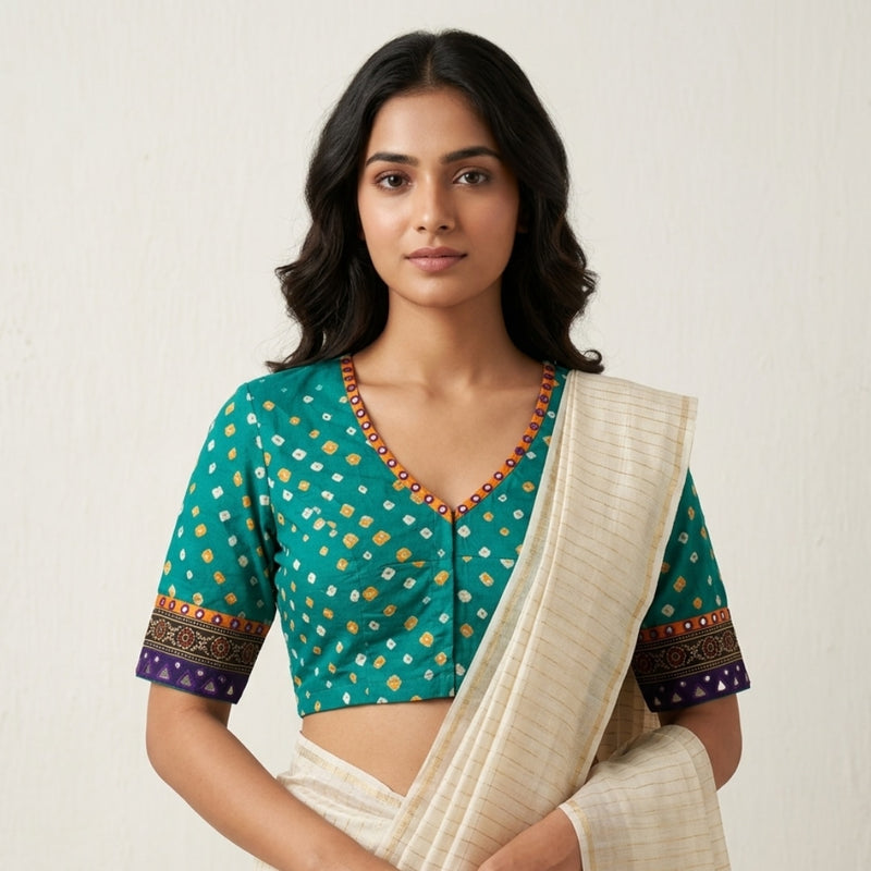 Sea Green Bandhani Readymade Blouse with Mirror Work | Godhuli