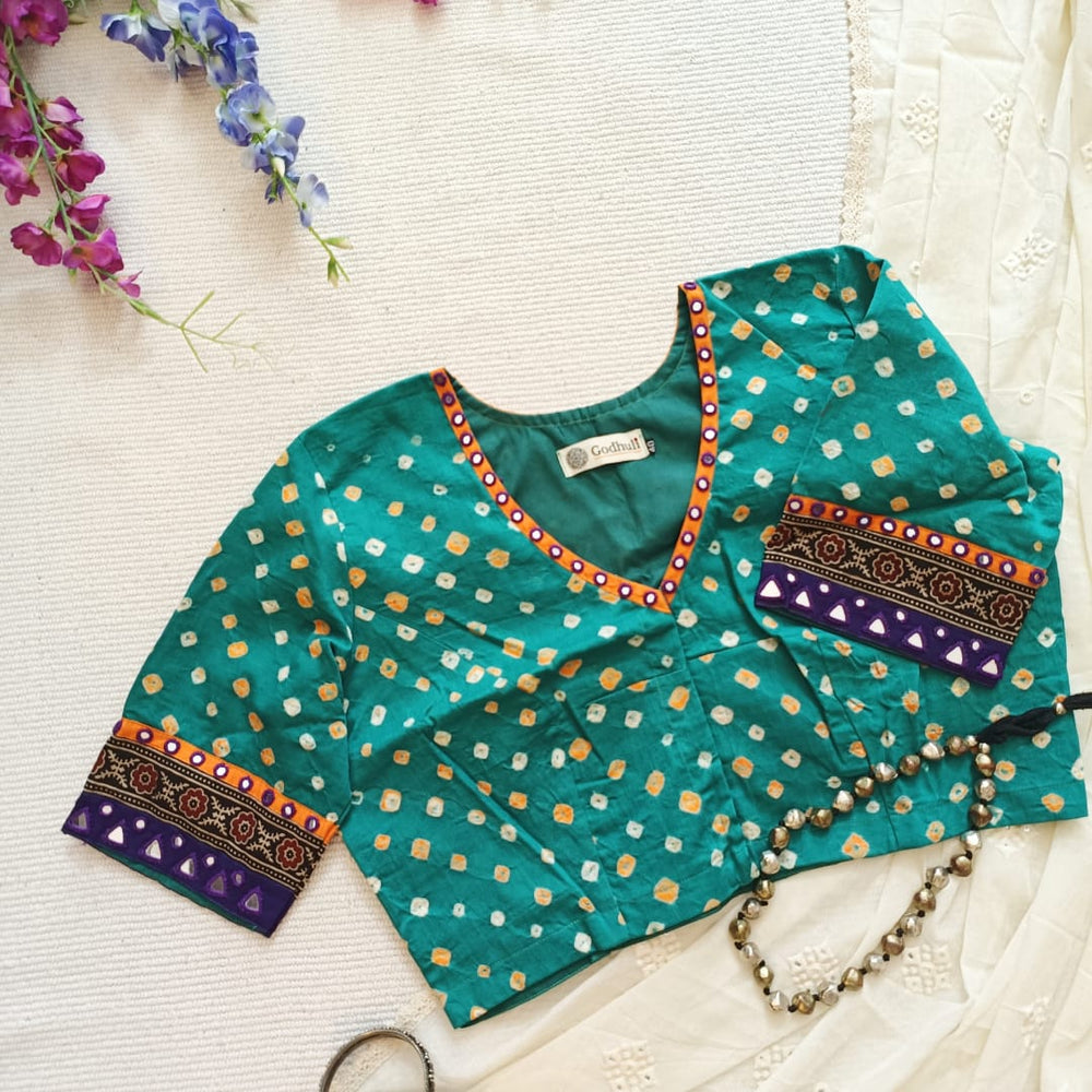 Sea Green Bandhani Readymade Blouse with Mirror Work | Godhuli