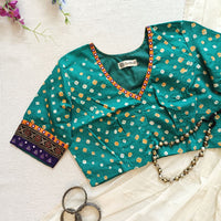 Sea Green Bandhani Readymade Blouse with Mirror Work | Godhuli