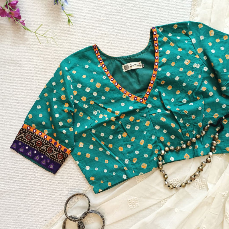 Sea Green Bandhani Readymade Blouse with Mirror Work | Godhuli