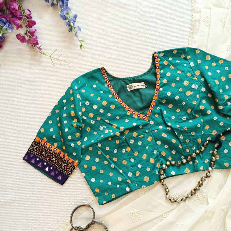 Sea Green Bandhani Readymade Blouse with Mirror Work | Godhuli
