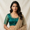 Sea Green Gaji Silk Brocade Sleeves Aari Work Readymade Blouse | Godhuli
