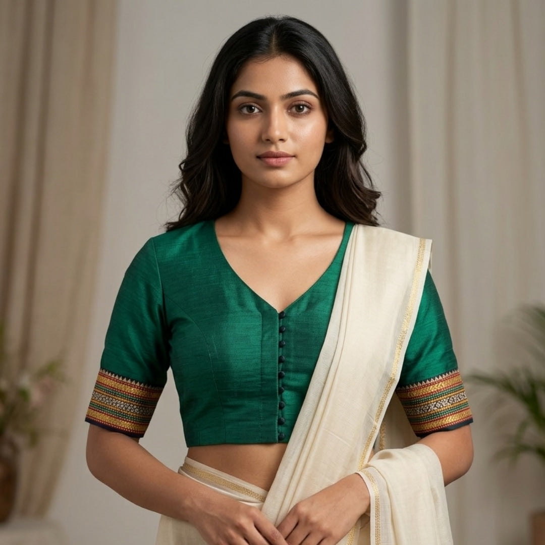Sea Green Narayanpet Border Readymade Blouse