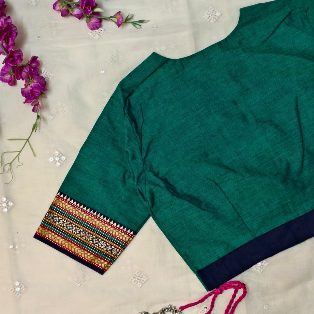 Sea Green Narayanpet Border Readymade Blouse