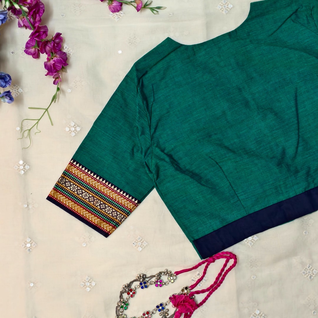 Sea Green Narayanpet Border Readymade Blouse
