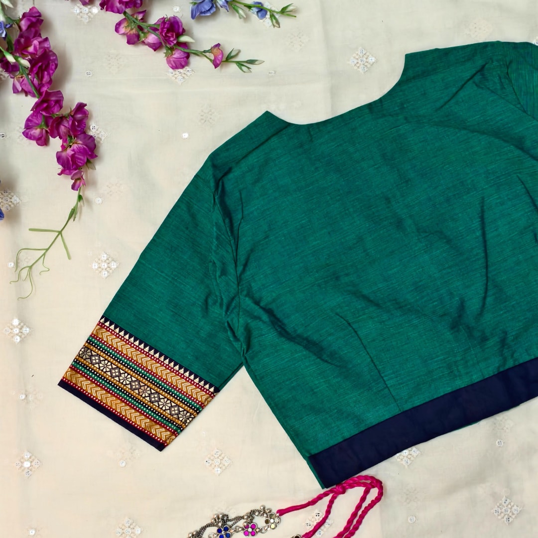 Sea Green Narayanpet Border Readymade Blouse
