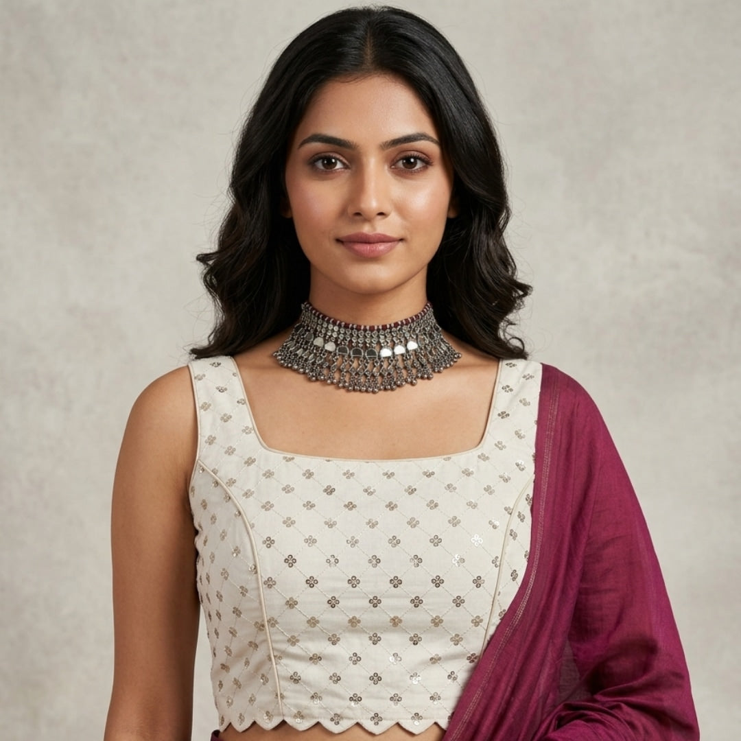 Sequins Embroidered Ivory Readymade Blouse