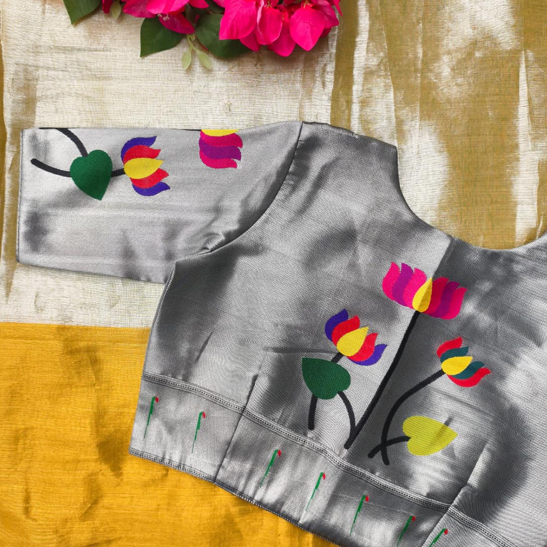 Silver Grey Lotus Paithani Blouse