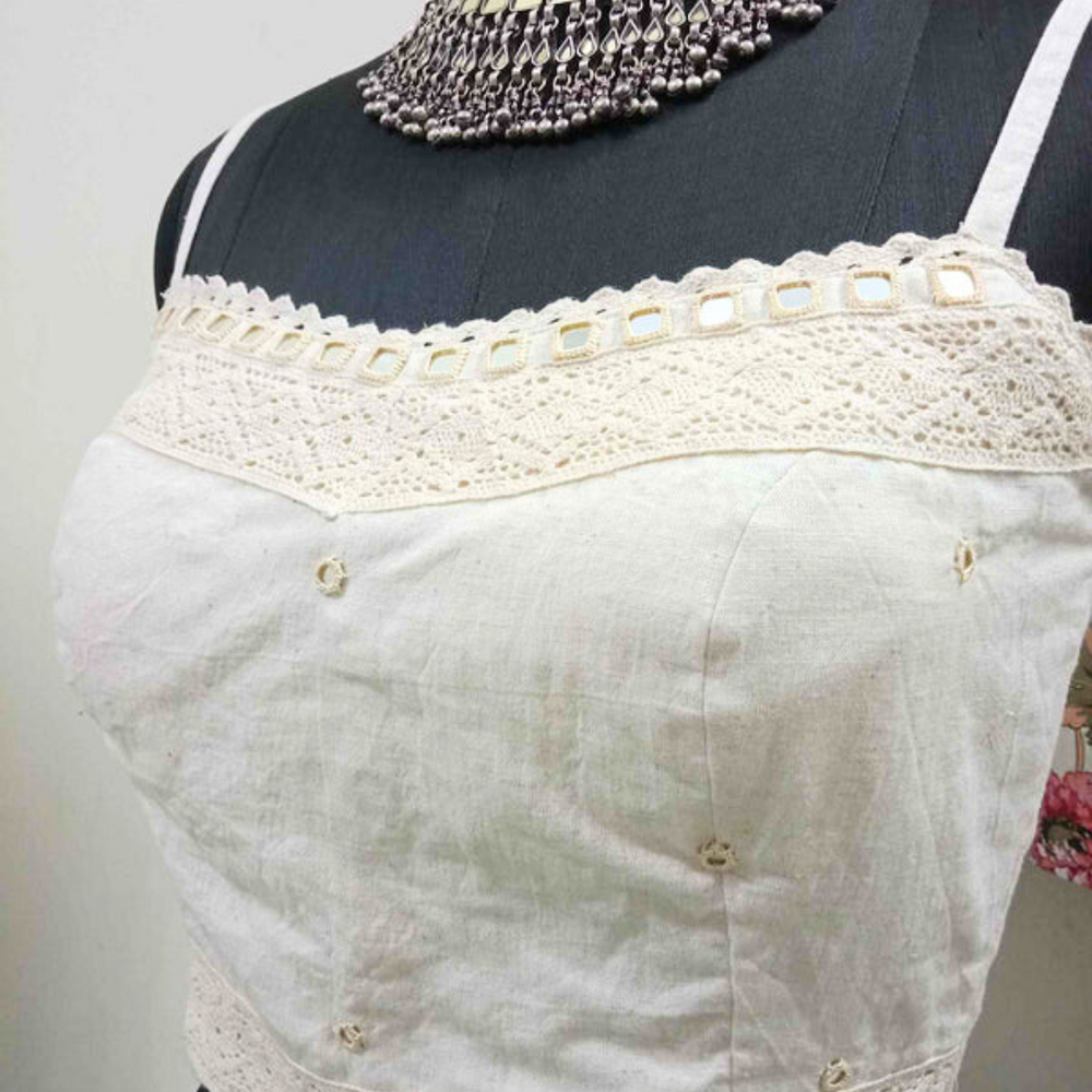 Spaghetti Mirrorwork Ivory Readymade Blouse | Godhuli