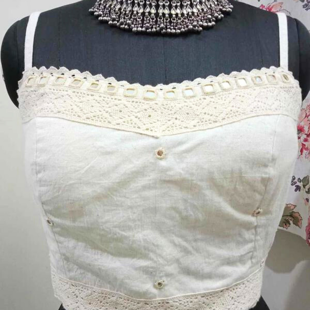 Spaghetti Mirrorwork Ivory Readymade Blouse | Godhuli