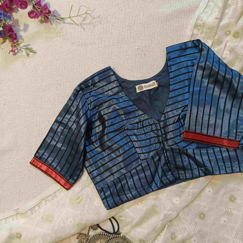 Steel Grey Gaji Silk Stripes Readymade Blouse | Godhuli