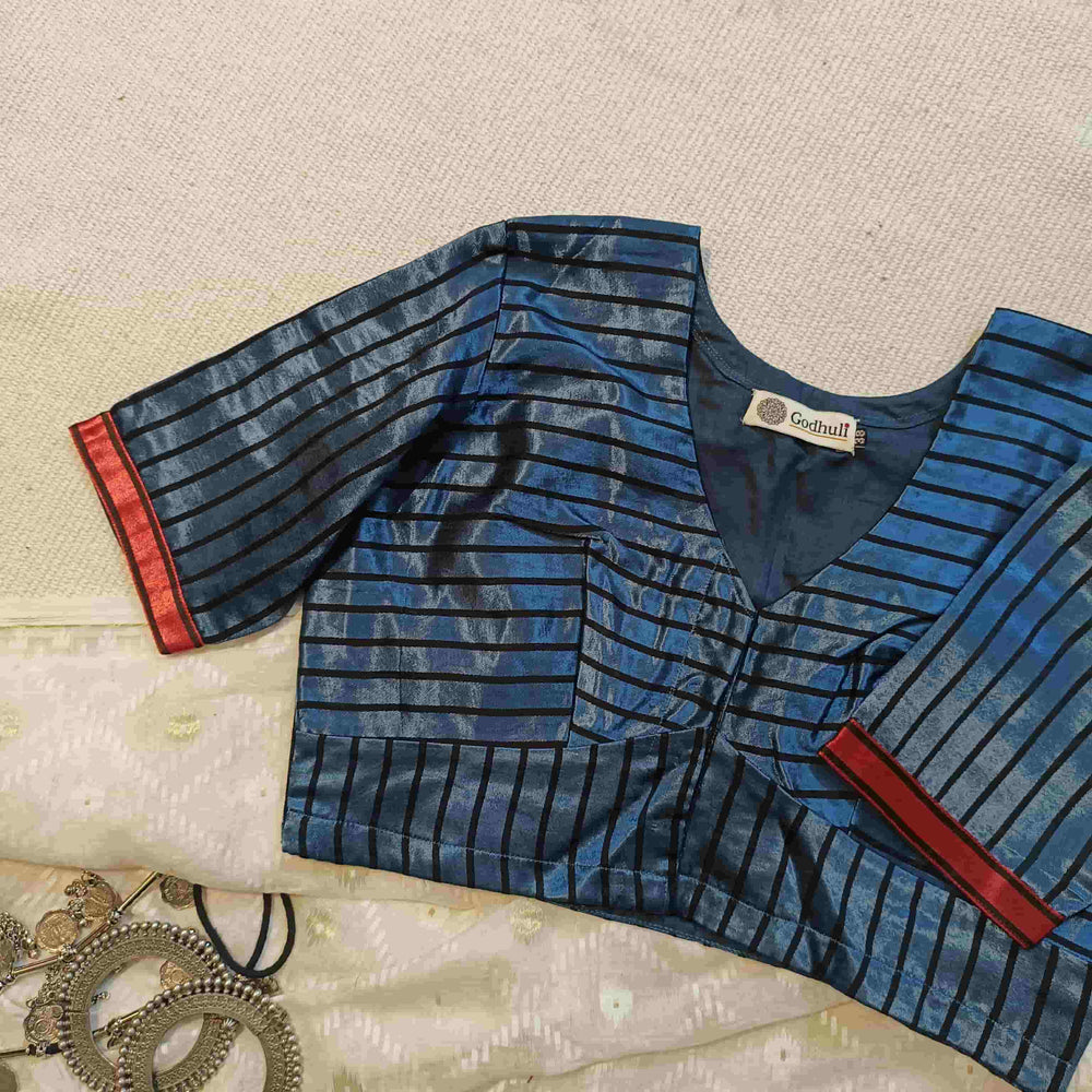 Steel Grey Gaji Silk Stripes Readymade Blouse | Godhuli