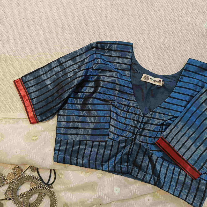 Steel Grey Gaji Silk Stripes Readymade Blouse | Godhuli