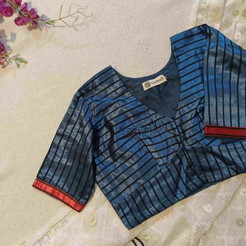 Steel Grey Gaji Silk Stripes Readymade Blouse | Godhuli