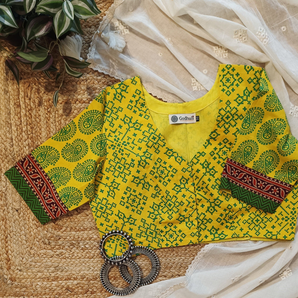 Sunshine Yellow-Green Gamathi Readymade Blouse | Godhuli