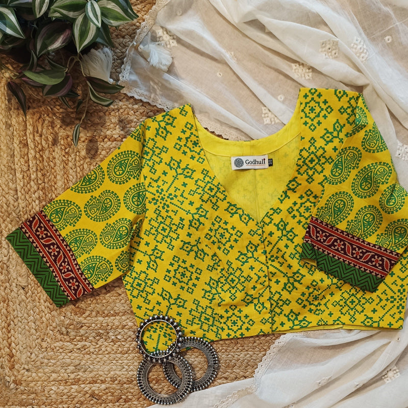 Sunshine Yellow-Green Gamathi Readymade Blouse | Godhuli