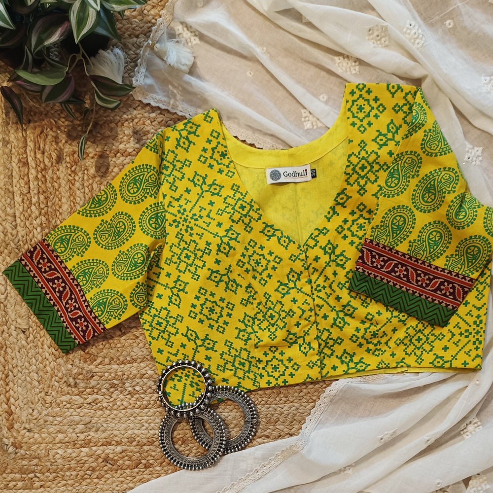 Sunshine Yellow-Green Gamathi Readymade Blouse | Godhuli