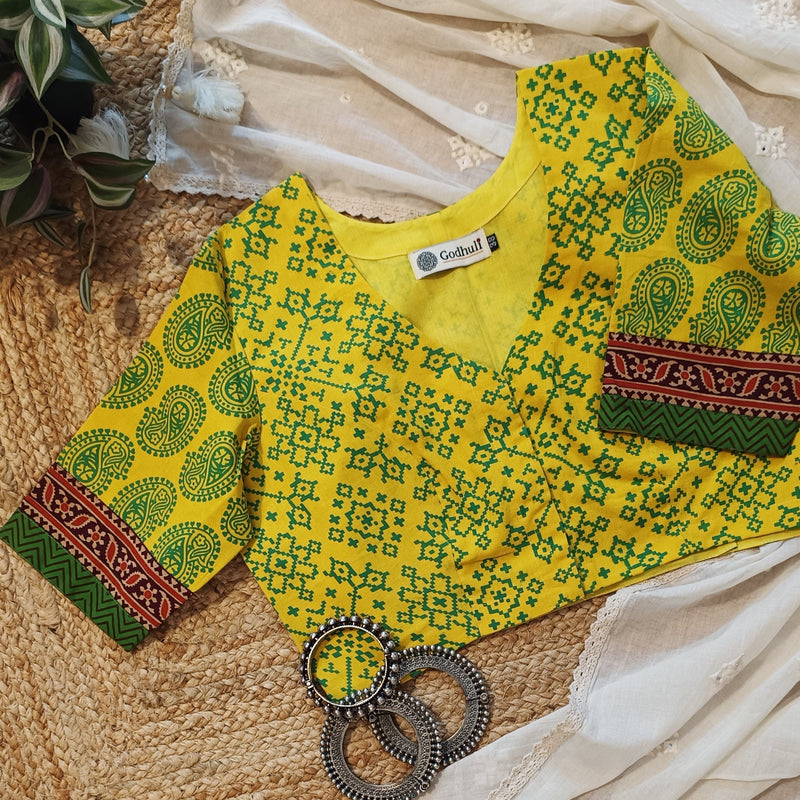 Sunshine Yellow-Green Gamathi Readymade Blouse | Godhuli