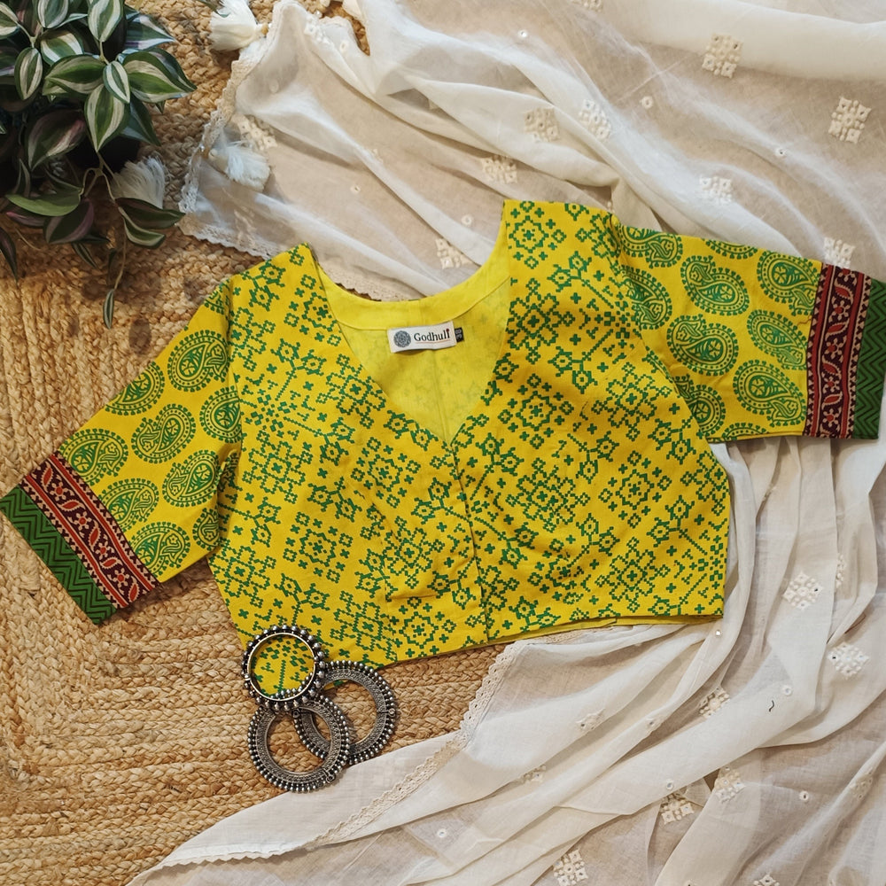 Sunshine Yellow-Green Gamathi Readymade Blouse | Godhuli